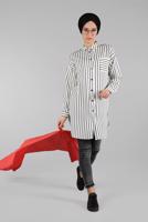 Tesettür giyim KREM ÇİZGİLİ KLASİK YAKA DÜĞMELİ TUNİK T 3426