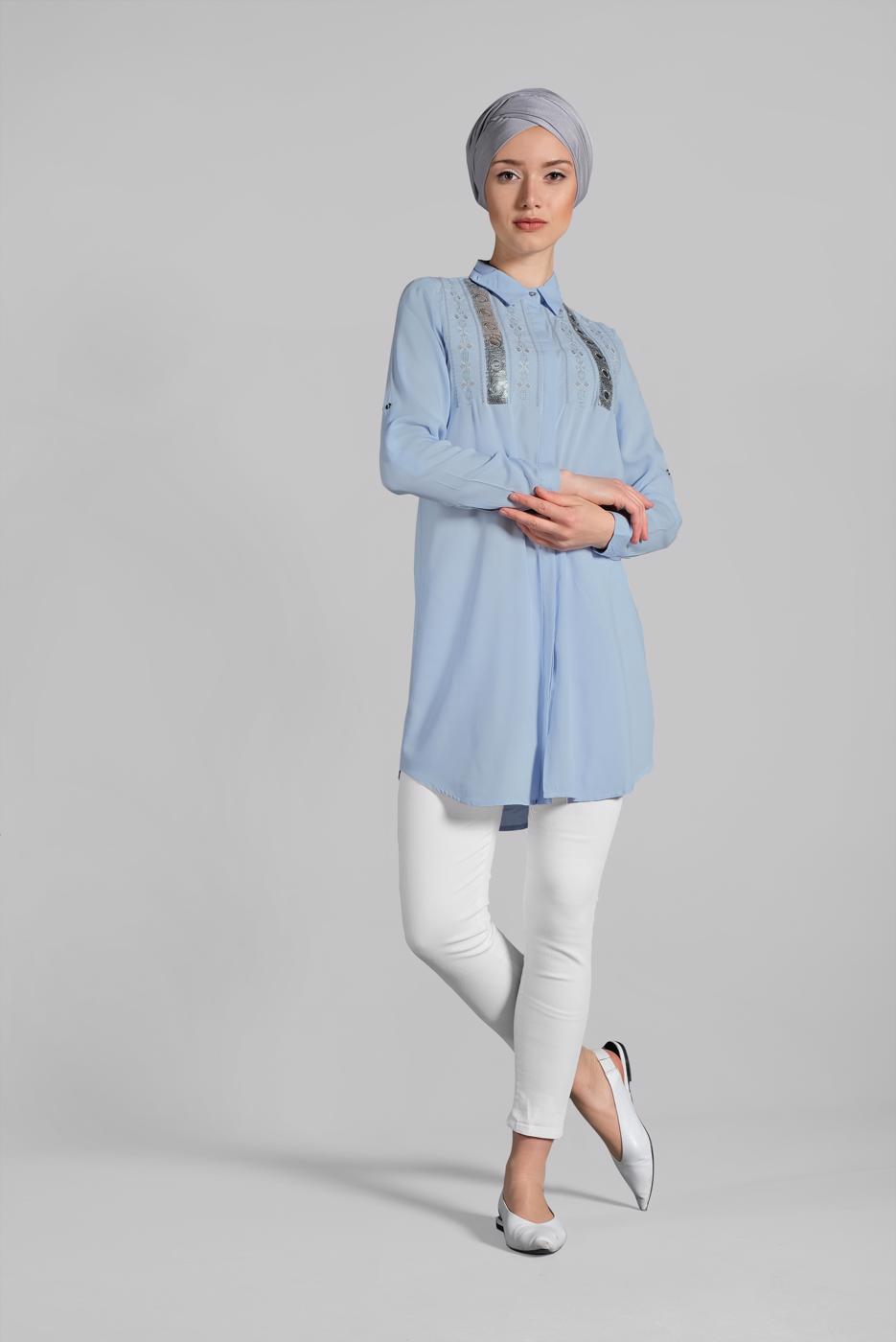 Hijab clothing BLUE Sequin Embroidered Tunic T 3691
