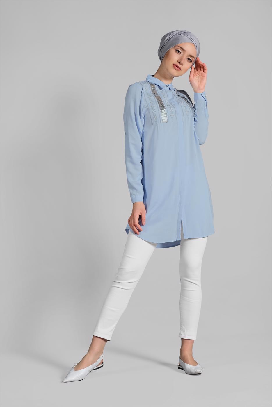 Hijab clothing BLUE Sequin Embroidered Tunic T 3691