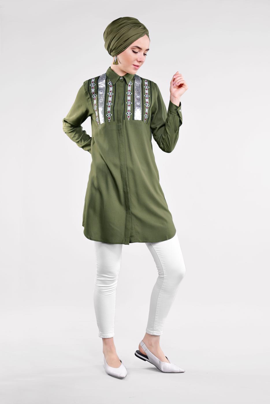 Hijab clothing KHAKI Sequin Embroidered Tunic T 3691