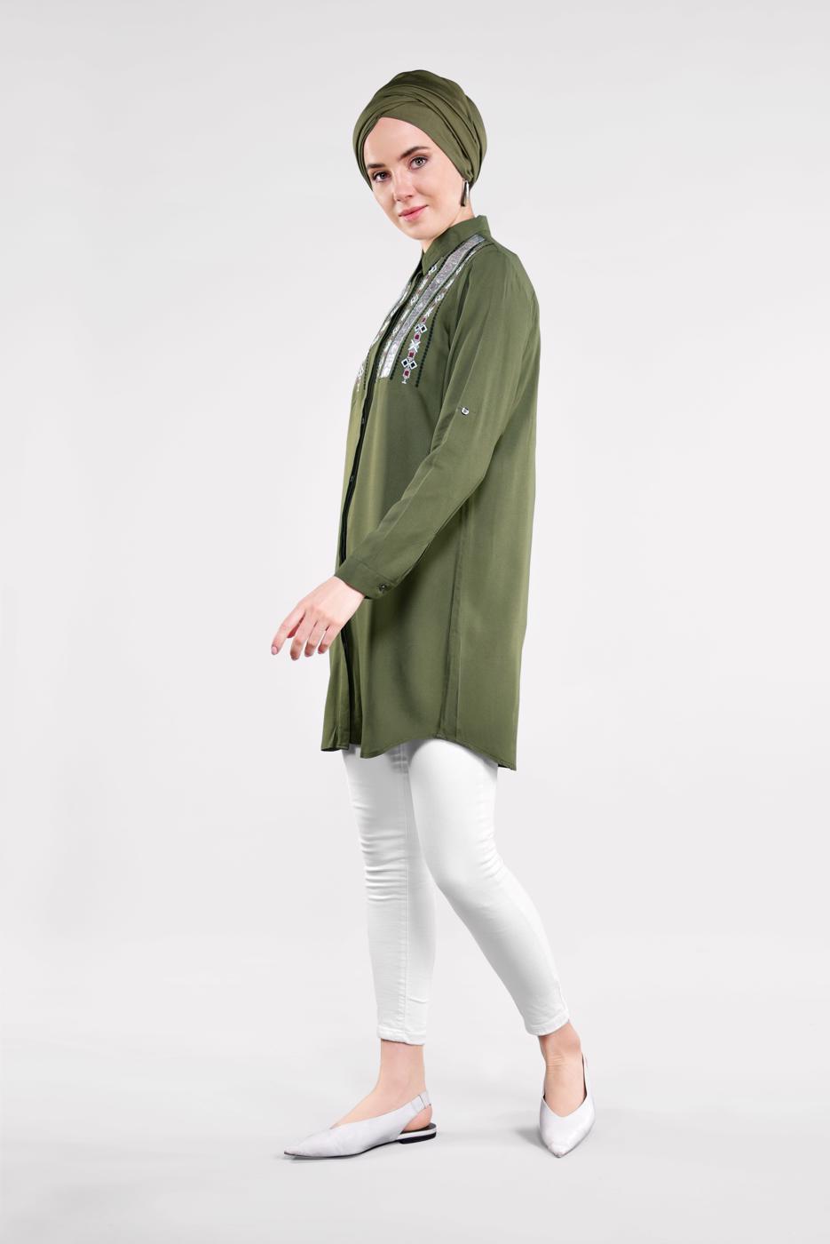 Hijab clothing KHAKI Sequin Embroidered Tunic T 3691