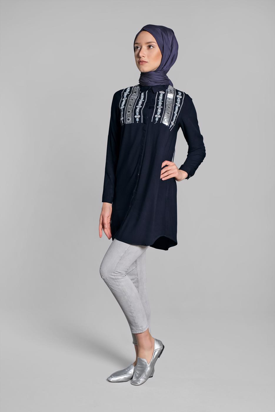 Hijab clothing NAVY BLUE Sequin Embroidered Tunic T 3691