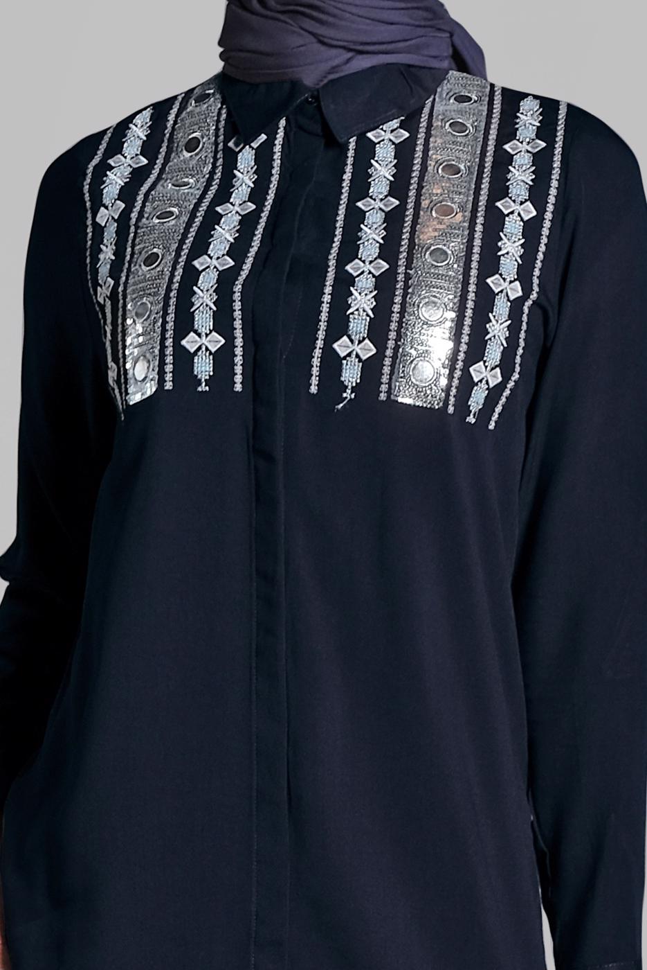 Hijab clothing NAVY BLUE Sequin Embroidered Tunic T 3691