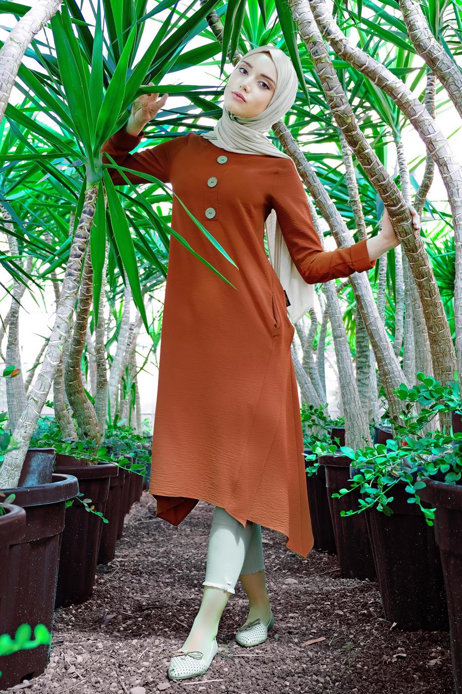 Hijab clothing BROWN ASYMMETRICAL COTTON TUNIC 3822 