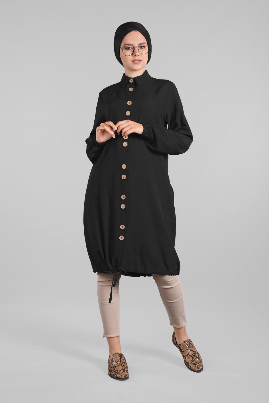 Tesettür giyim SİYAH ETEK UCU BAĞLAMALI DÜĞMELİ TUNİK 3915 