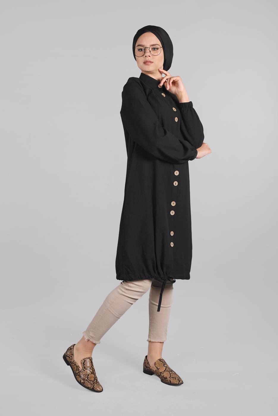 Tesettür giyim SİYAH ETEK UCU BAĞLAMALI DÜĞMELİ TUNİK 3915 