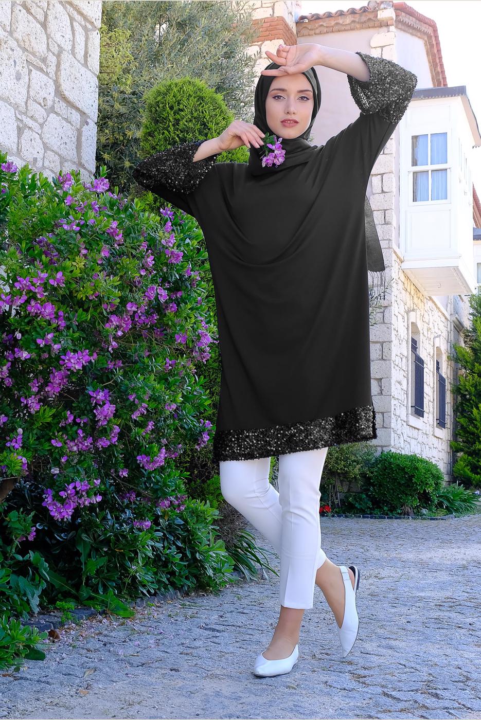 Tesettür giyim SİYAH PUL PAYETLİ YANLARI YIRTMAÇLI TUNİK 4011 