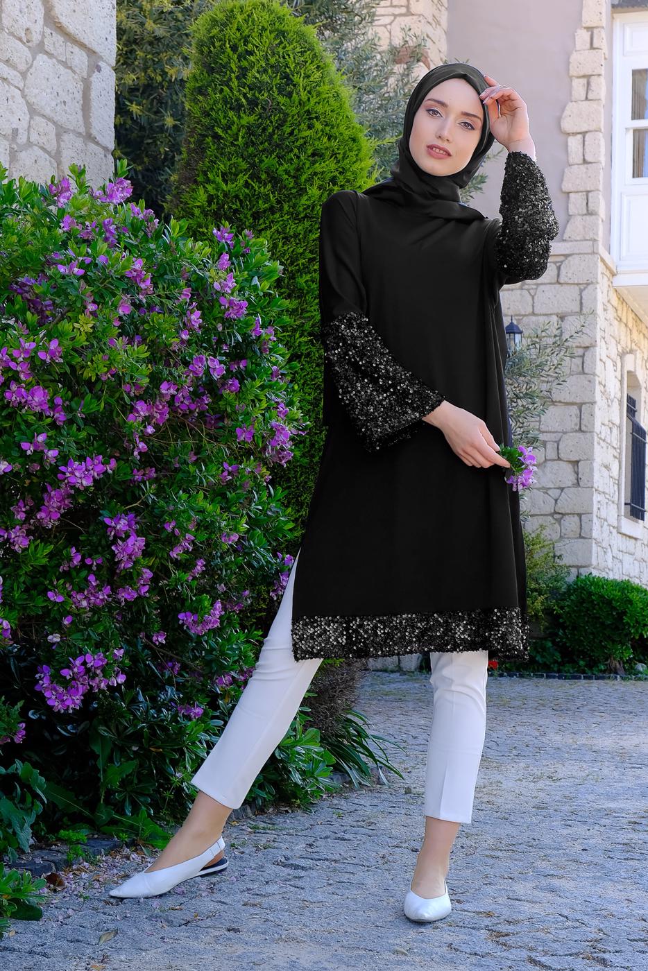 Tesettür giyim SİYAH PUL PAYETLİ YANLARI YIRTMAÇLI TUNİK 4011 