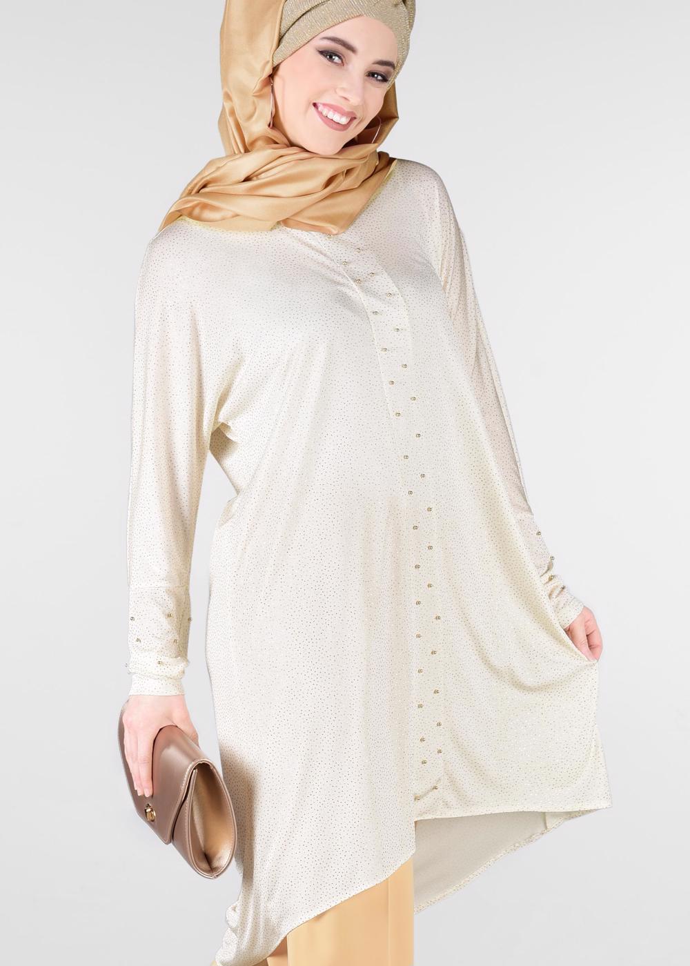Tesettür giyim KREM BONCUKLU PARILTILI TUNİK 4078