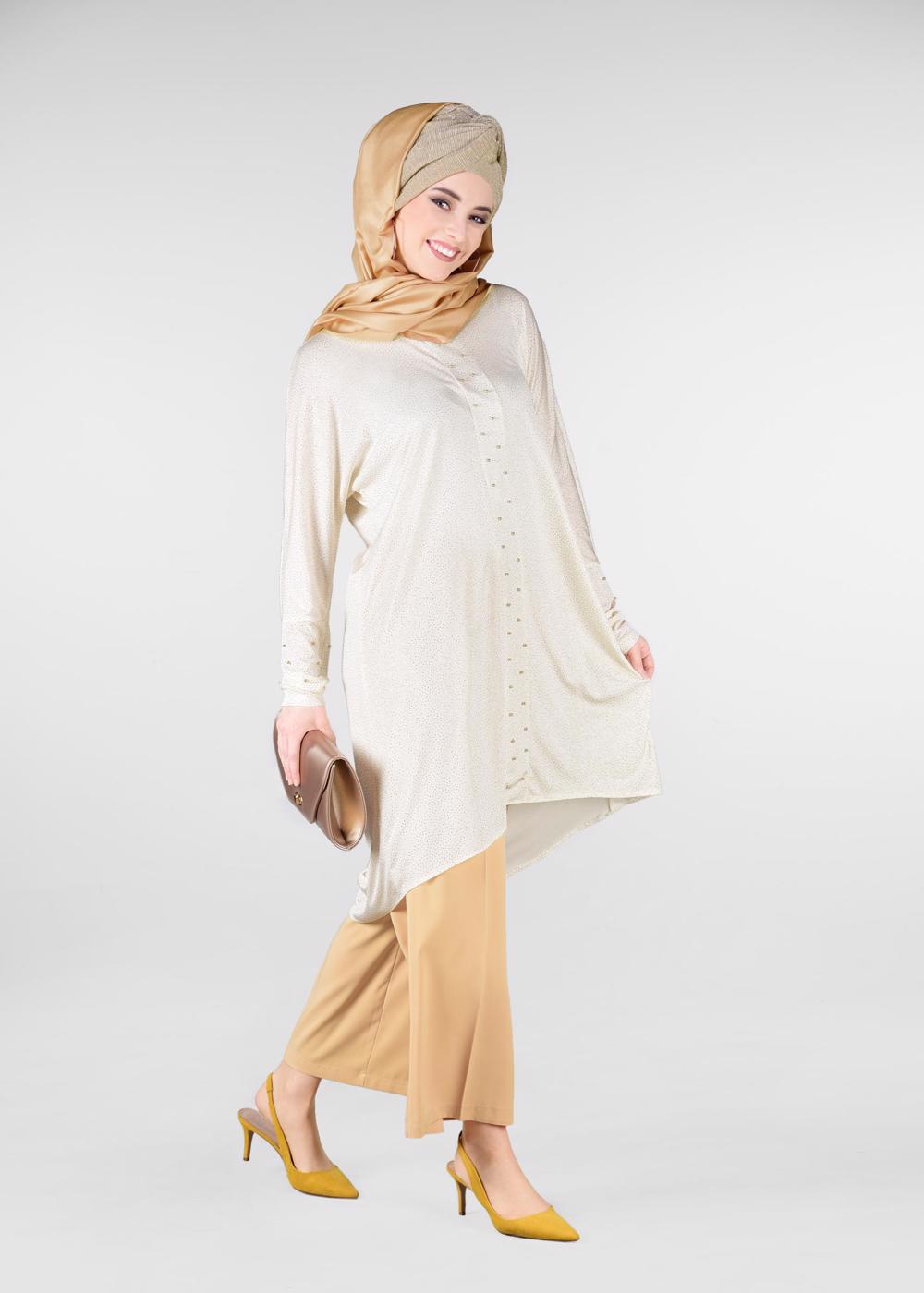 Tesettür giyim KREM BONCUKLU PARILTILI TUNİK 4078