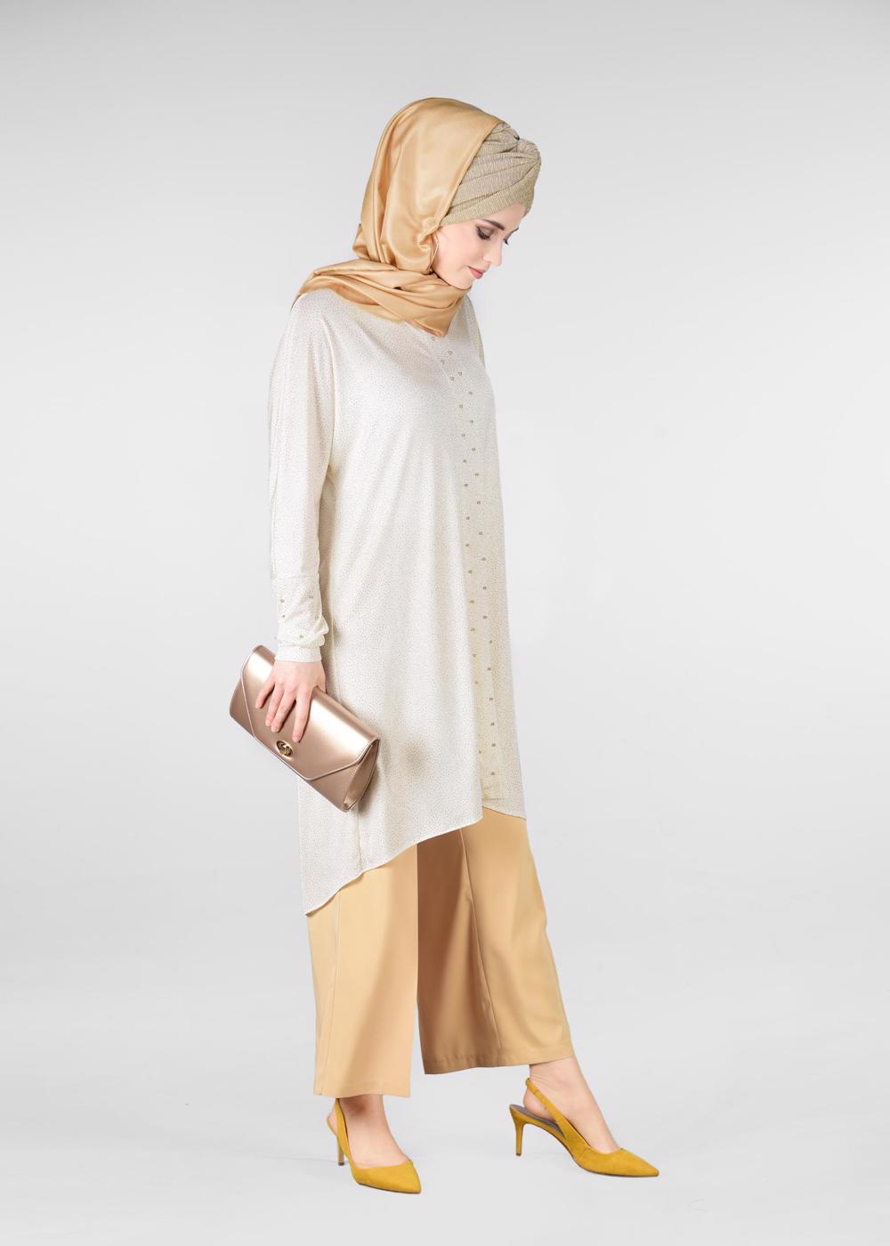 Tesettür giyim KREM BONCUKLU PARILTILI TUNİK 4078