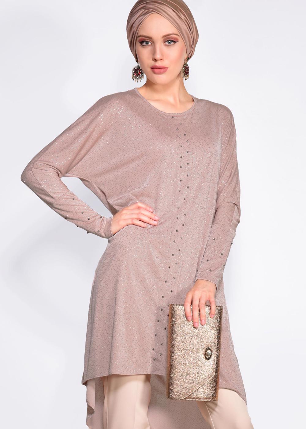 Tesettür giyim PUDRA BONCUKLU PARILTILI TUNİK 4078