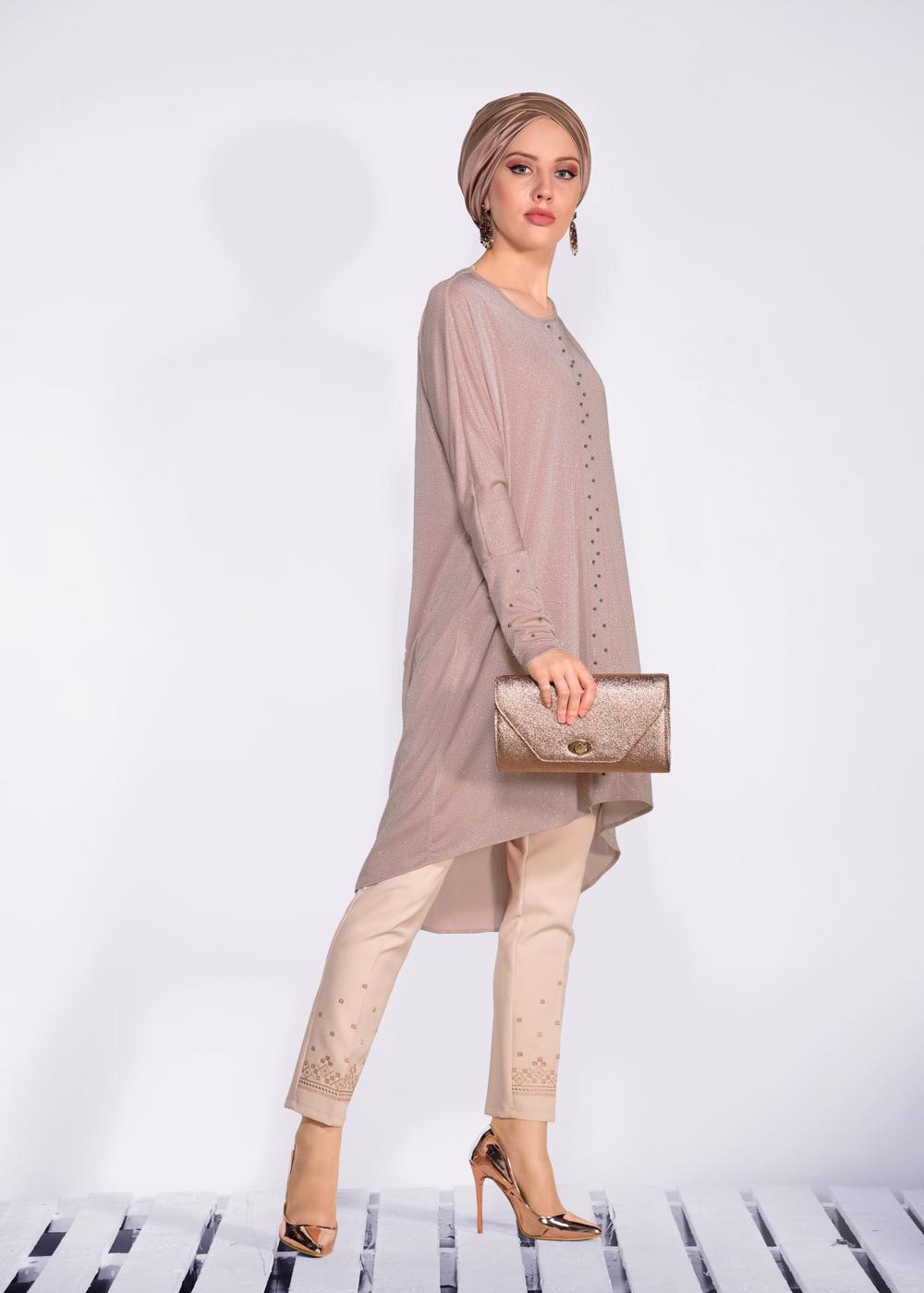 Tesettür giyim PUDRA BONCUKLU PARILTILI TUNİK 4078