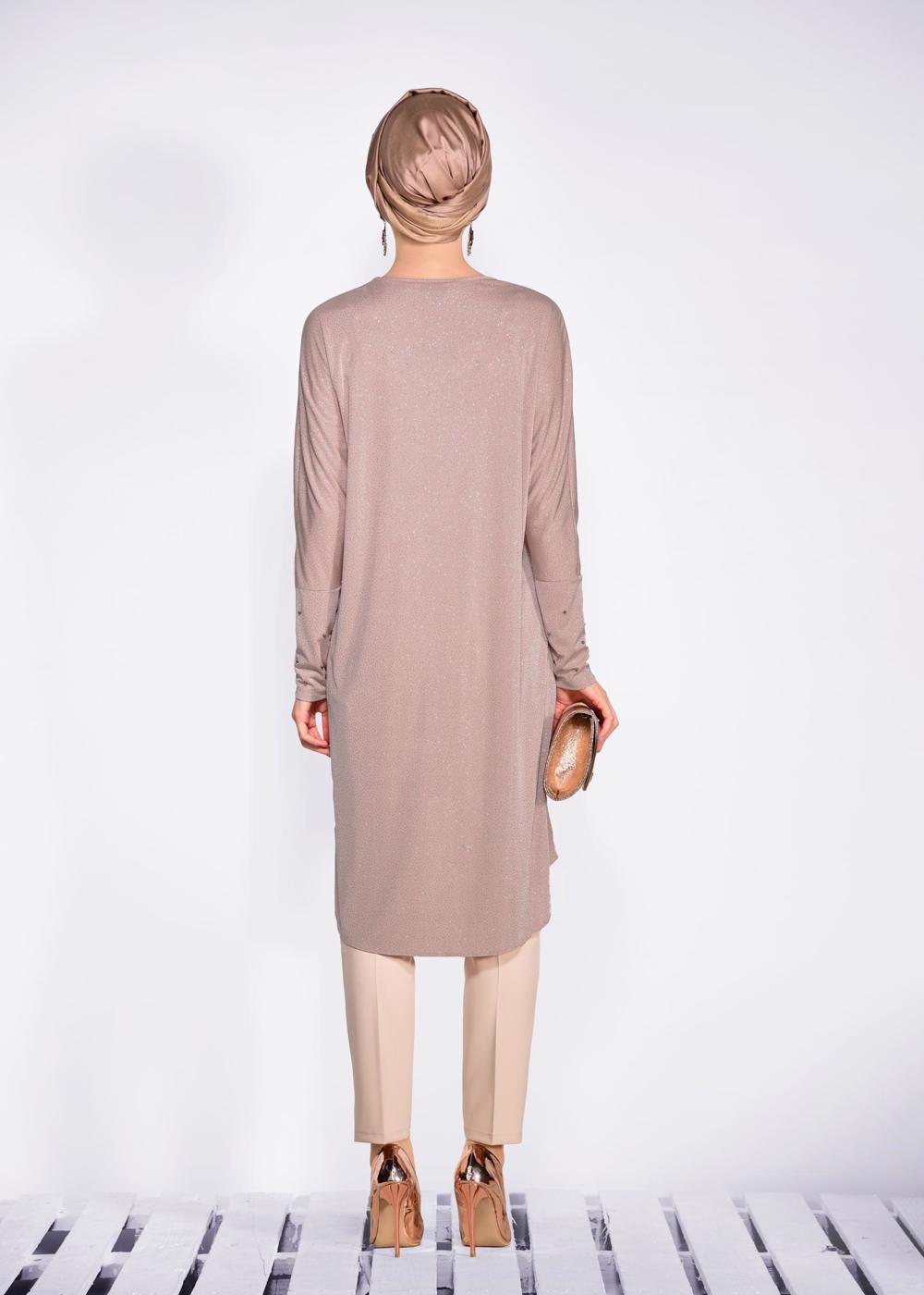 Tesettür giyim PUDRA BONCUKLU PARILTILI TUNİK 4078