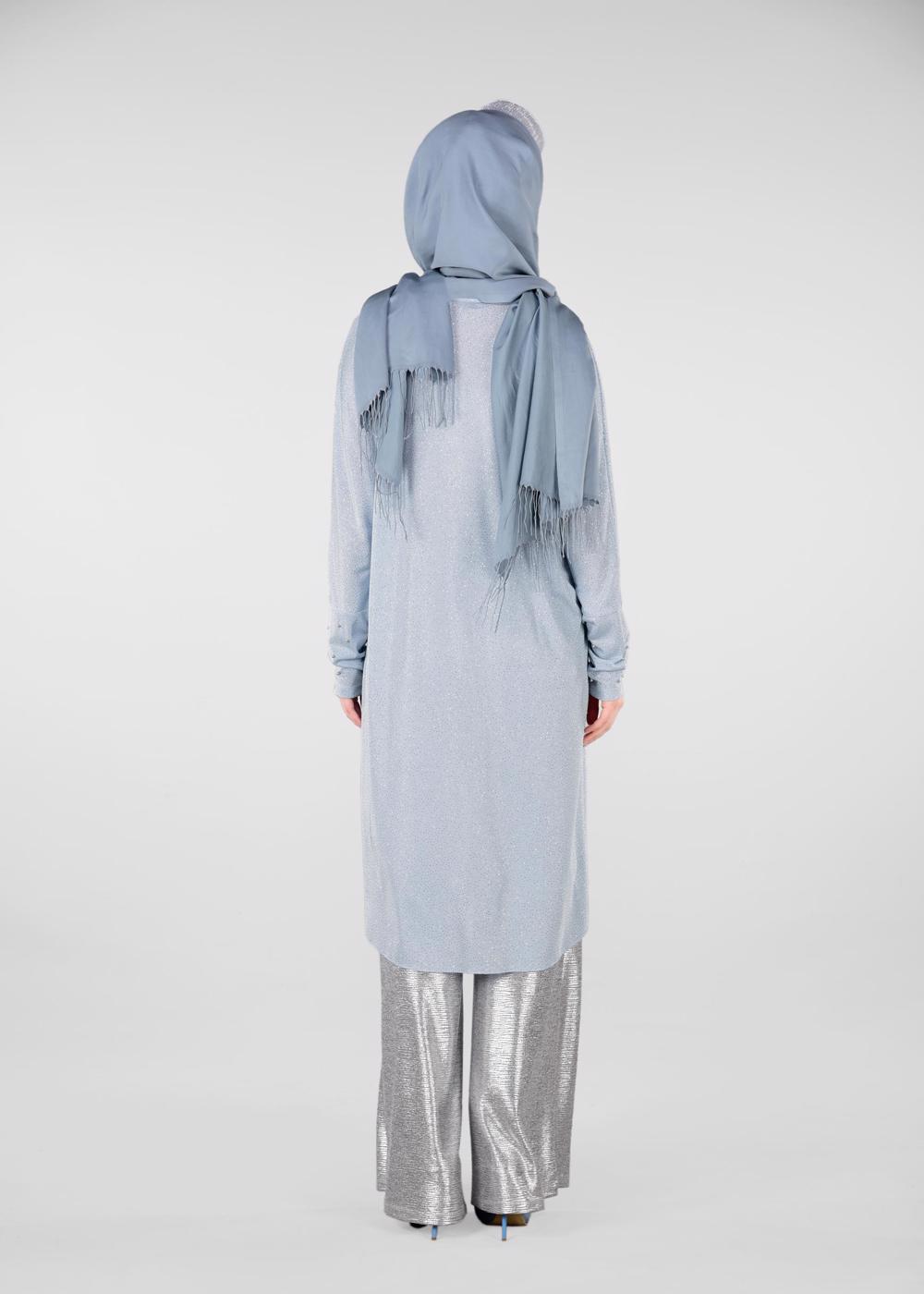 Tesettür giyim MAVİ BONCUKLU PARILTILI TUNİK 4078