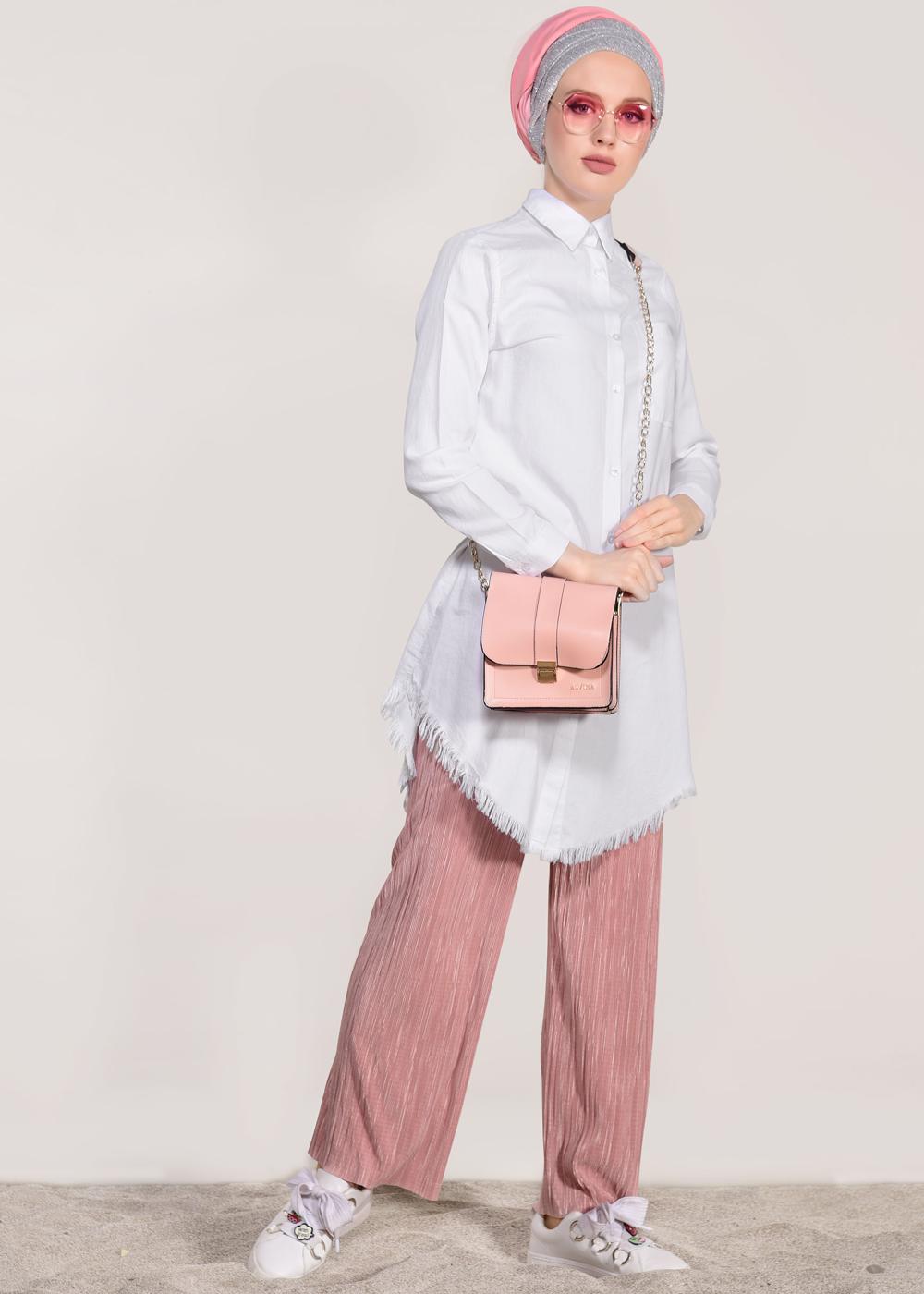 Hijab clothing CREAM FRINGED-HEM TUNIC  4129