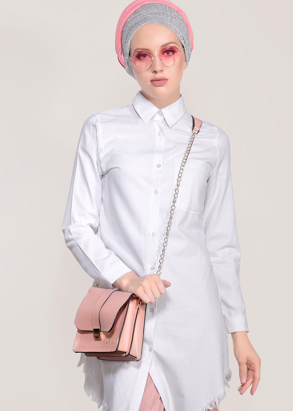 Hijab clothing CREAM FRINGED-HEM TUNIC  4129