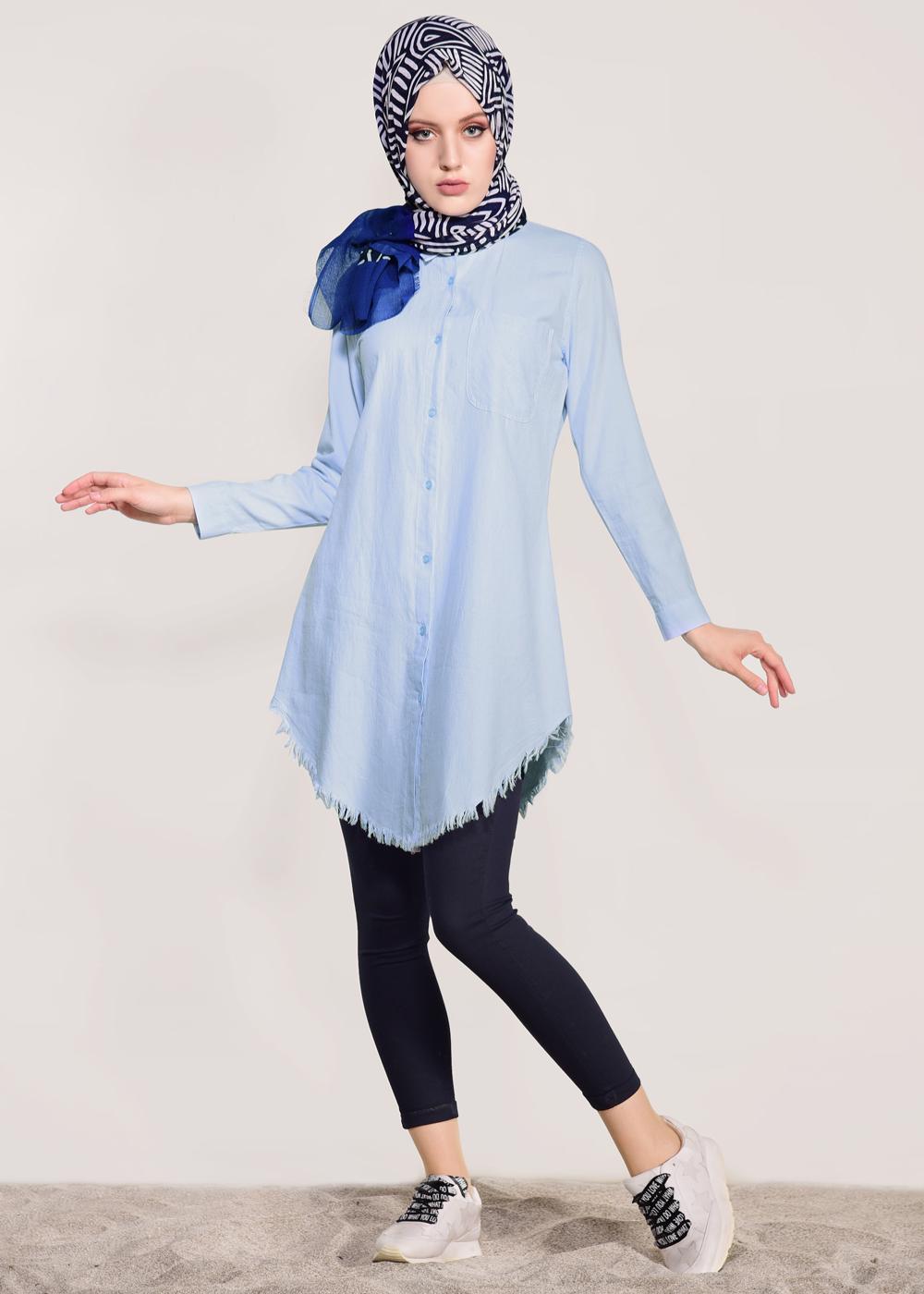 Hijab clothing BLUE FRINGED-HEM TUNIC  4129