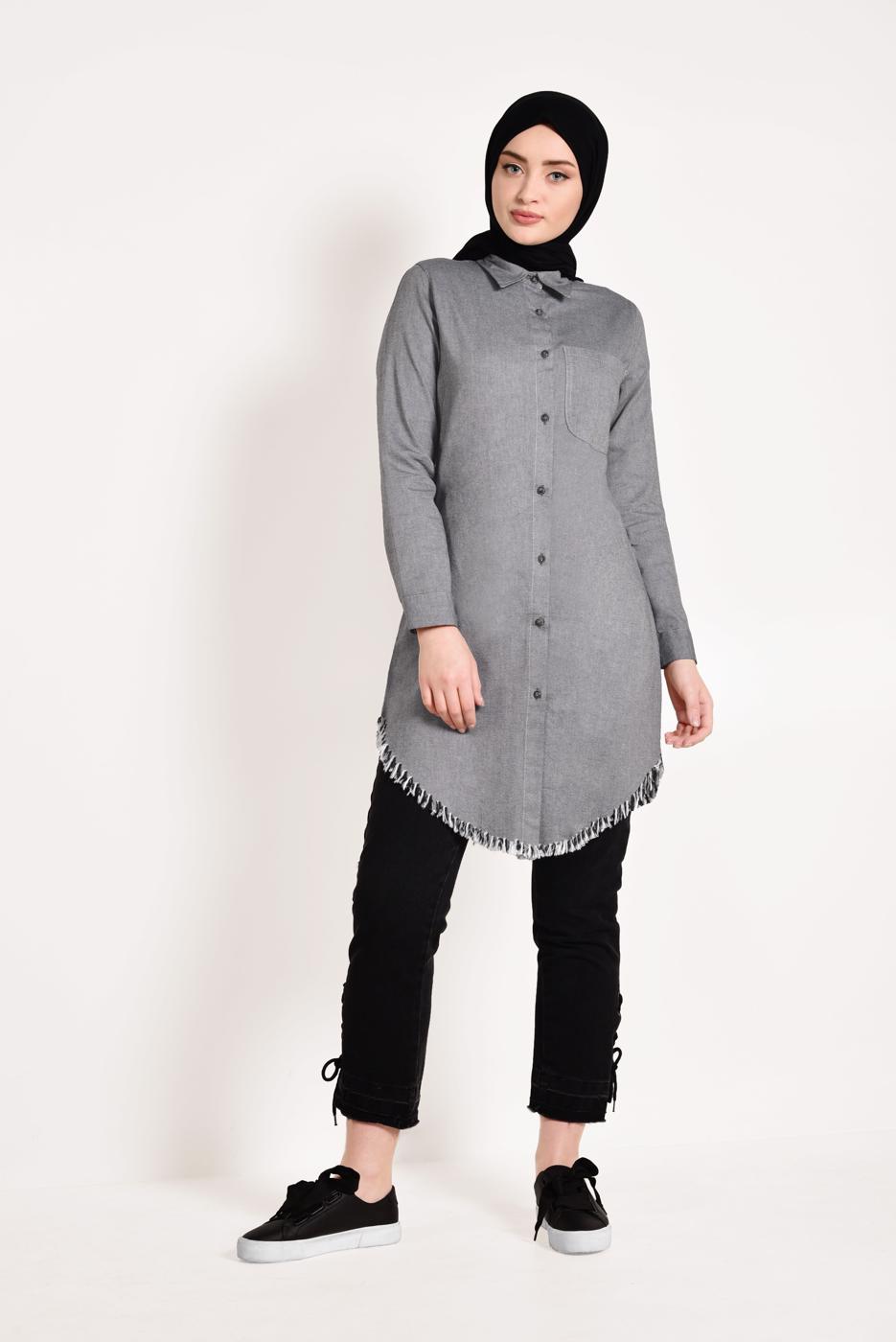 Vêtements hijab GRIS TUNIQUE À FRANGES 4129 