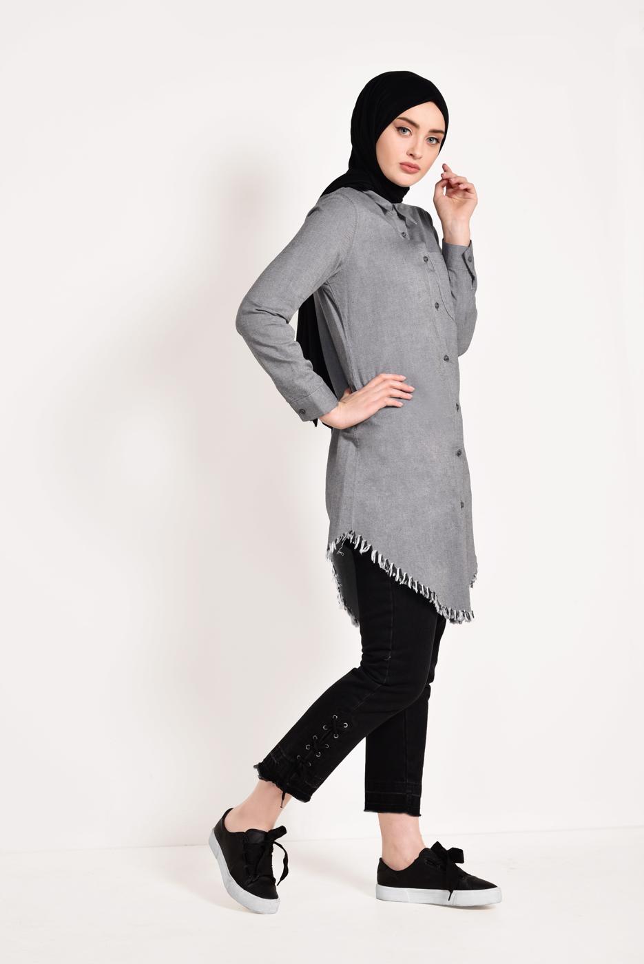 Vêtements hijab GRIS TUNIQUE À FRANGES 4129 