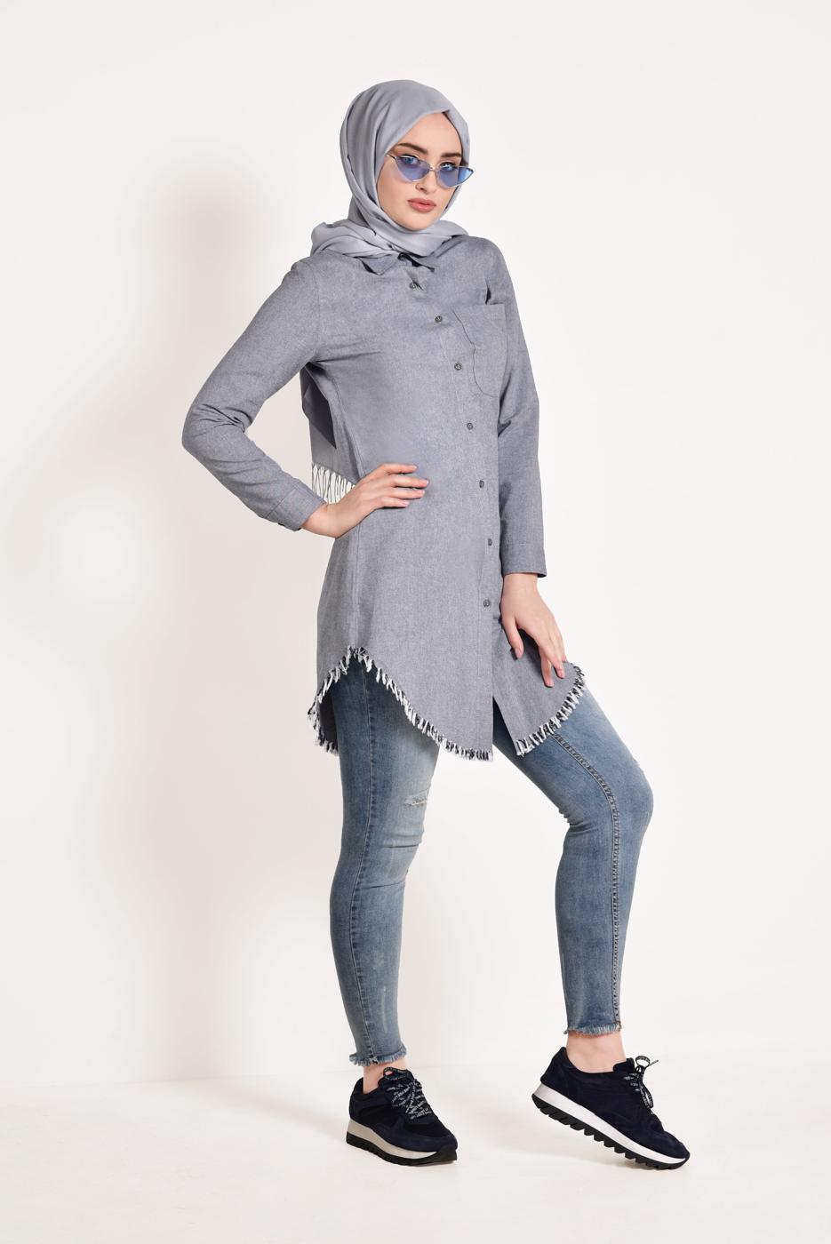 Hijab clothing NAVY BLUE FRINGED-HEM TUNIC  4129