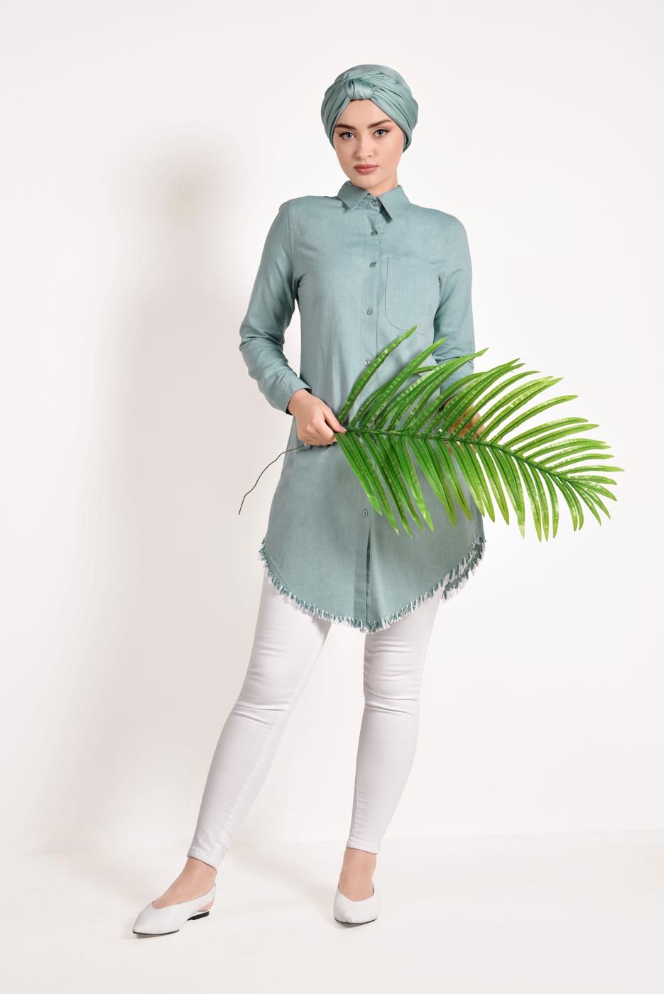 Hijab clothing GREEN FRINGED-HEM TUNIC  4129