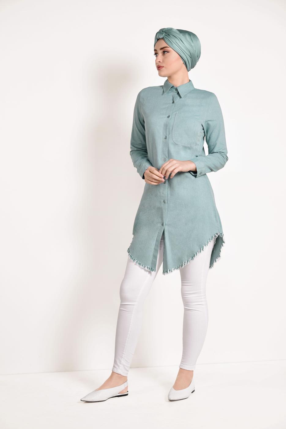 Hijab clothing GREEN FRINGED-HEM TUNIC  4129