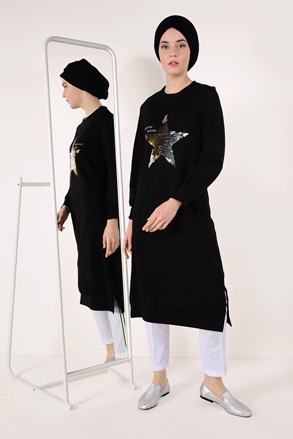 Tesettür giyim SİYAH PUL PAYETLİ UZUN TUNİK 4157