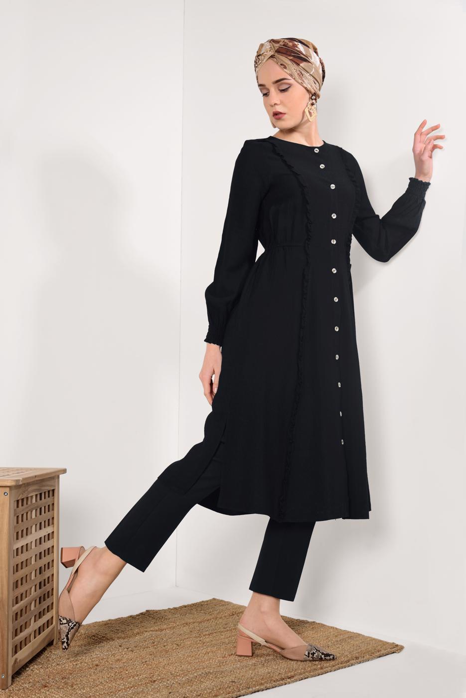 Tesettür giyim SİYAH BOYDAN DÜĞMELİ UZUN TUNİK T 4226