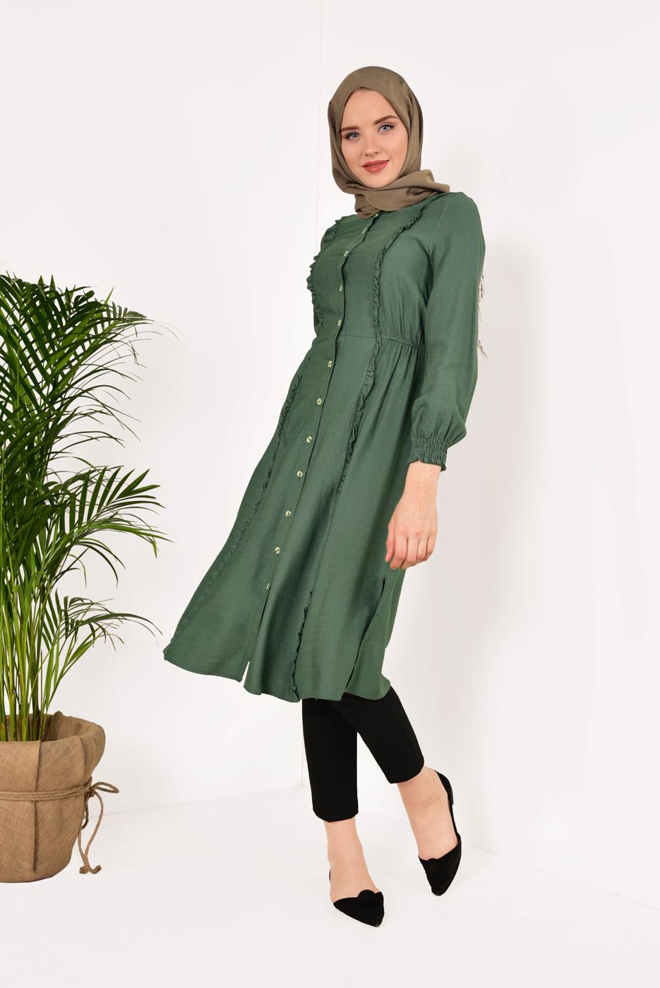 Tesettür giyim YEŞİL BOYDAN DÜĞMELİ UZUN TUNİK T 4226 
