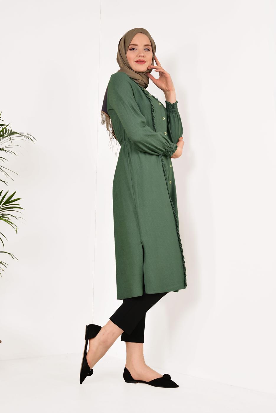Tesettür giyim YEŞİL BOYDAN DÜĞMELİ UZUN TUNİK T 4226 