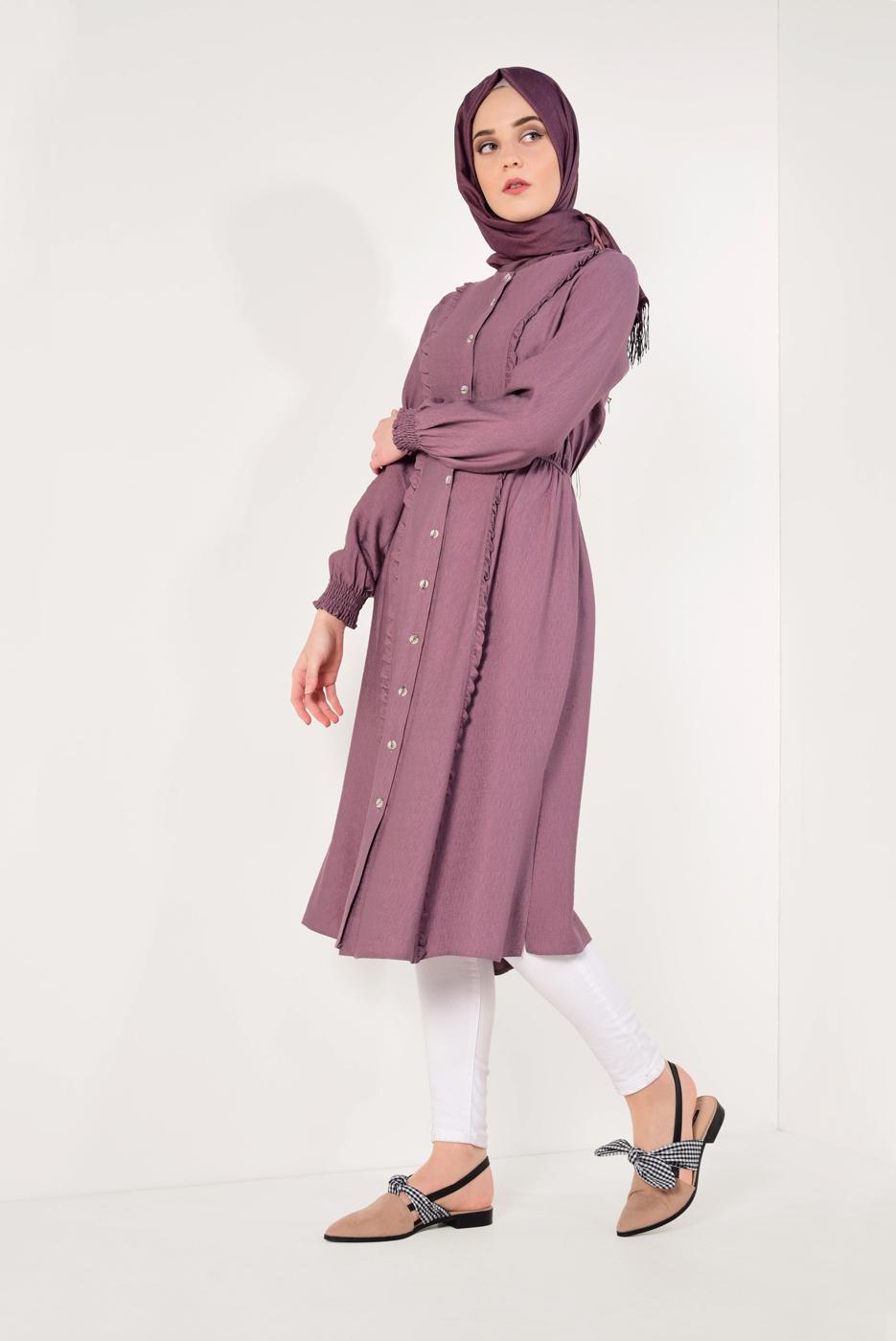 Tesettür giyim PEMBE BOYDAN DÜĞMELİ UZUN TUNİK T 4226 