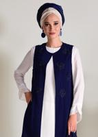 Tesettür giyim LACİVERT İŞLEMELİ GÜPÜR DETAYLI 2&prime;Lİ TUNİK 4278