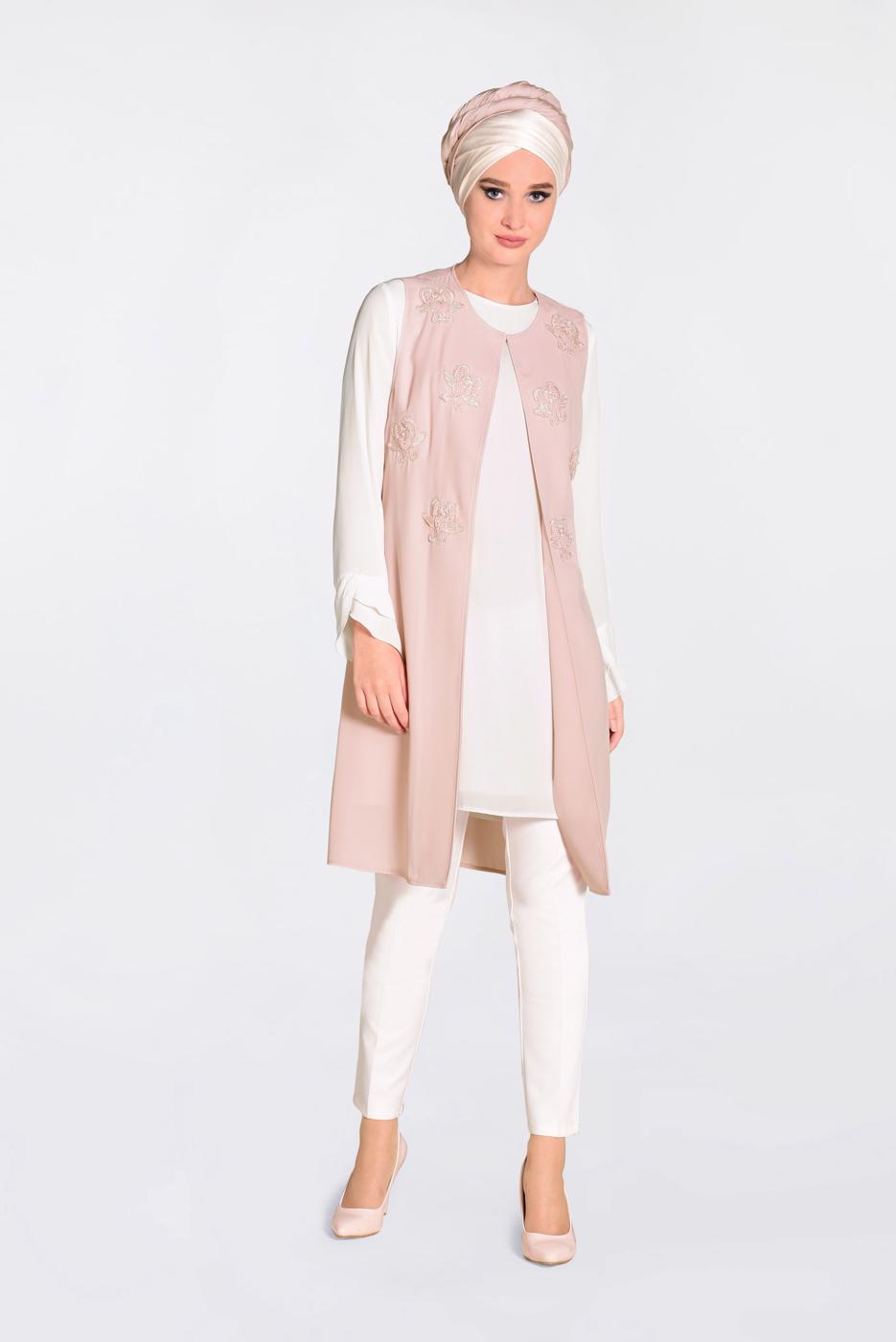 Tesettür giyim PUDRA İŞLEMELİ GÜPÜR DETAYLI 2&prime;Lİ TUNİK 4278
