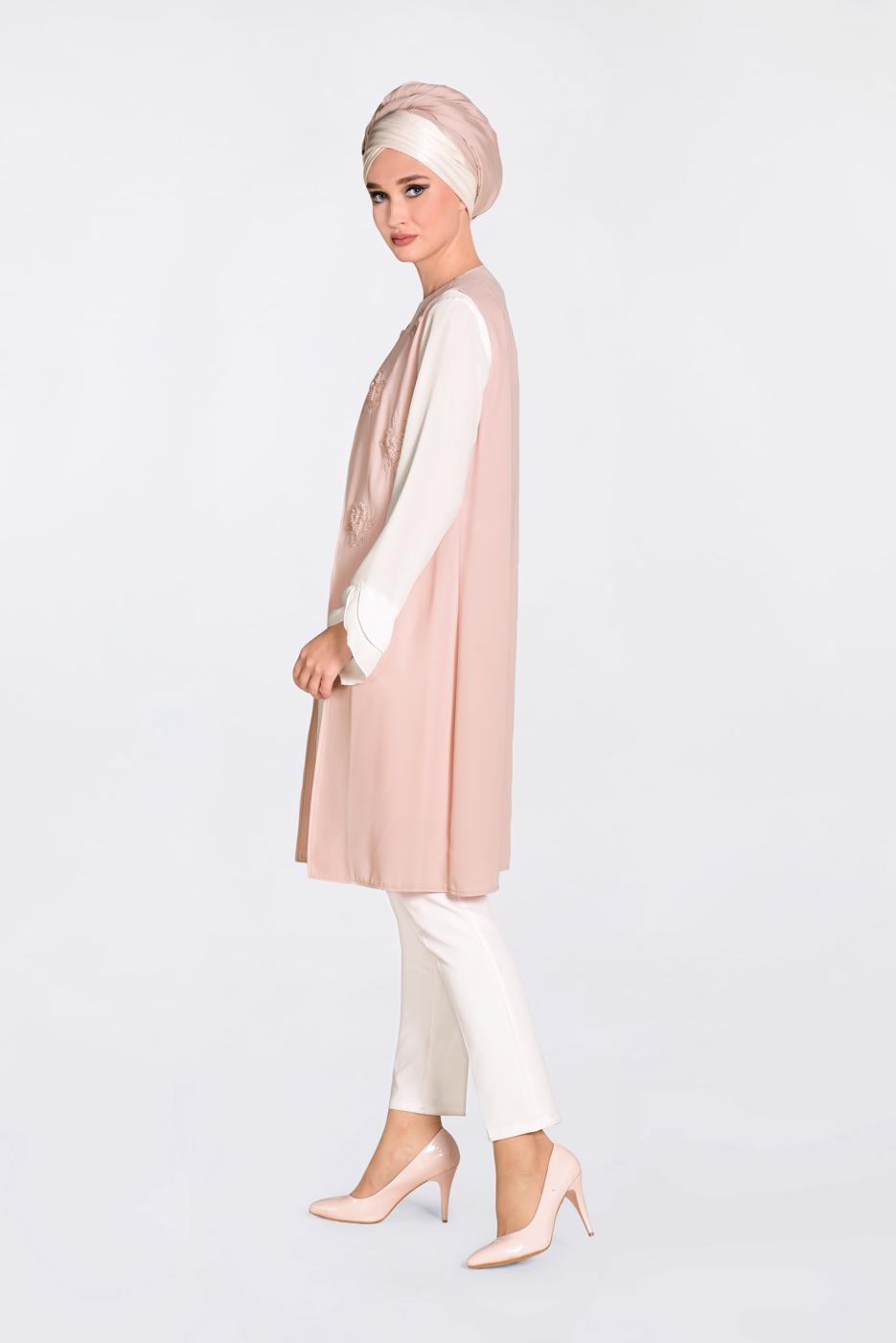 Tesettür giyim PUDRA İŞLEMELİ GÜPÜR DETAYLI 2&prime;Lİ TUNİK 4278