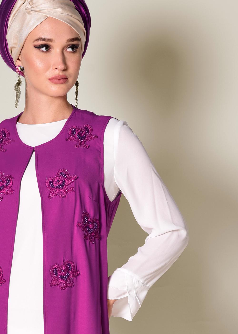 Tesettür giyim MOR İŞLEMELİ GÜPÜR DETAYLI 2&prime;Lİ TUNİK 4278