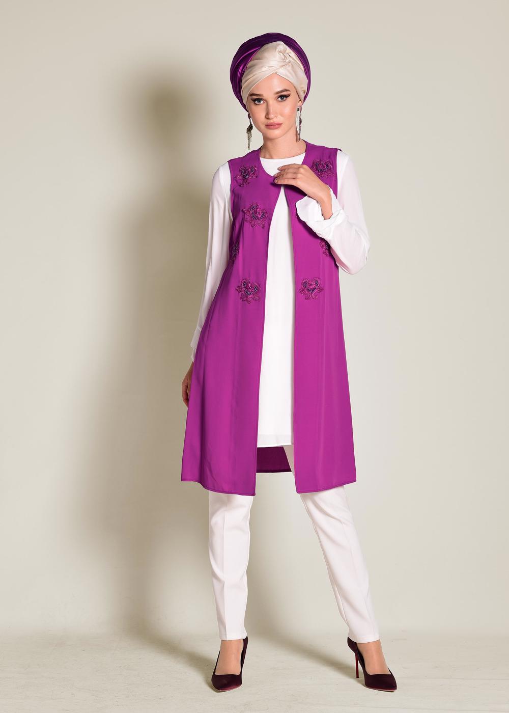 Tesettür giyim MOR İŞLEMELİ GÜPÜR DETAYLI 2&prime;Lİ TUNİK 4278