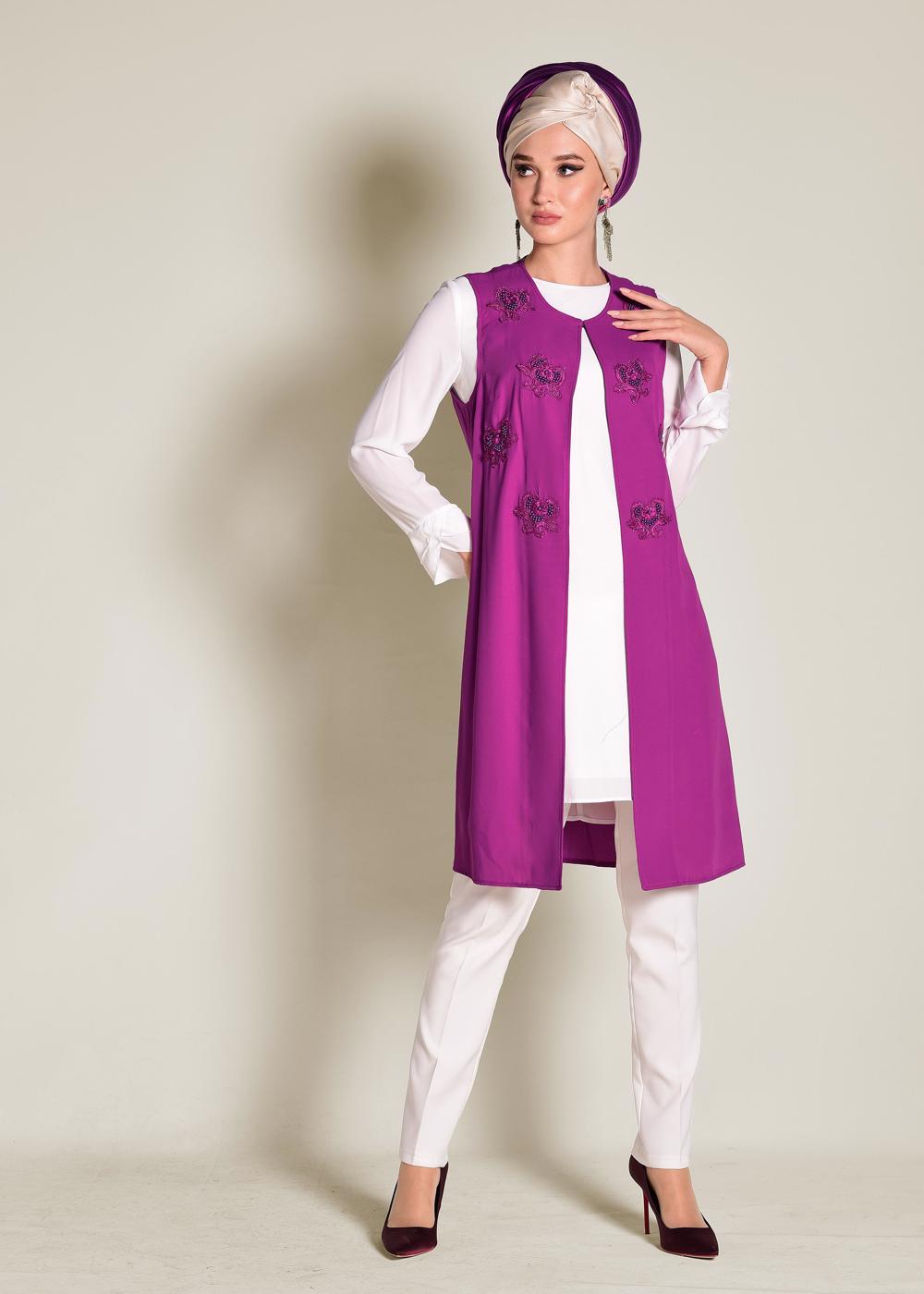 Tesettür giyim MOR İŞLEMELİ GÜPÜR DETAYLI 2&prime;Lİ TUNİK 4278