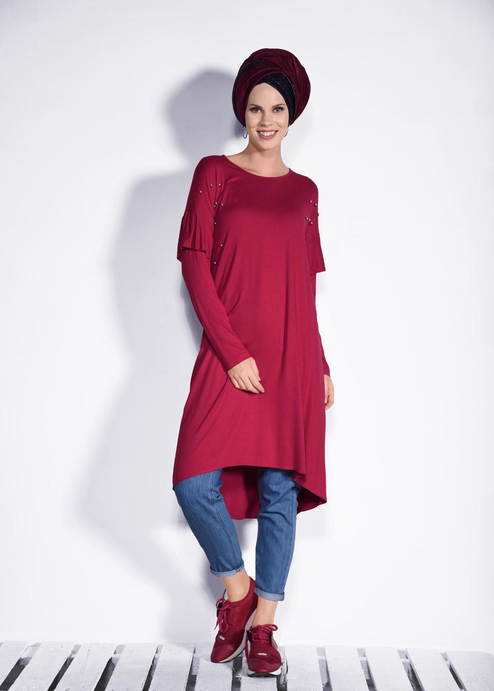 Tesettür giyim KIRMIZI İNCİ VE BONCUK İŞLEMELİ TUNİK 4345 