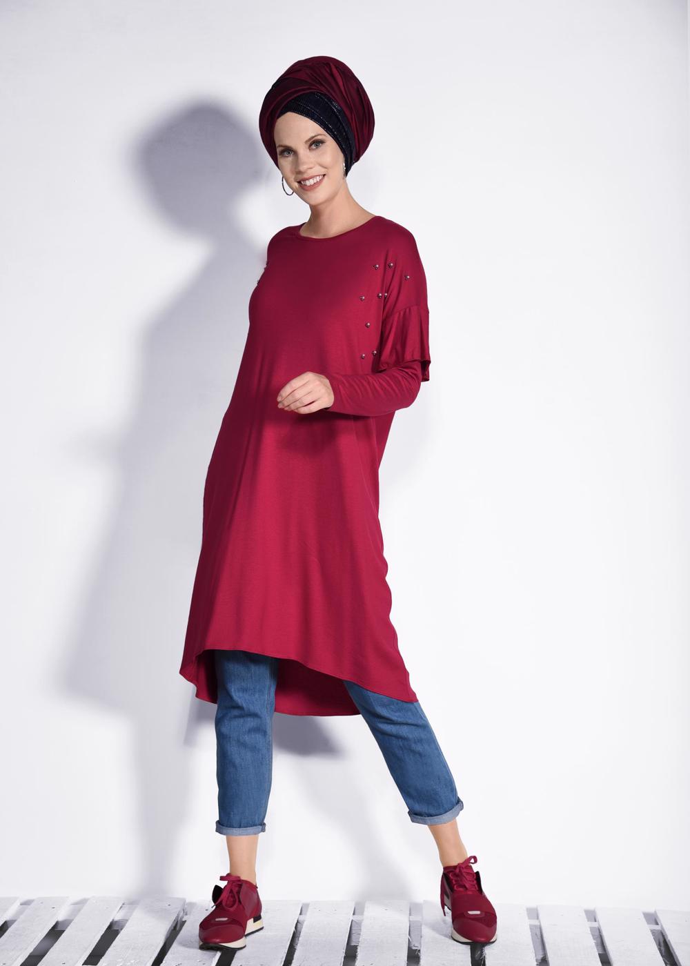 Tesettür giyim KIRMIZI İNCİ VE BONCUK İŞLEMELİ TUNİK 4345 