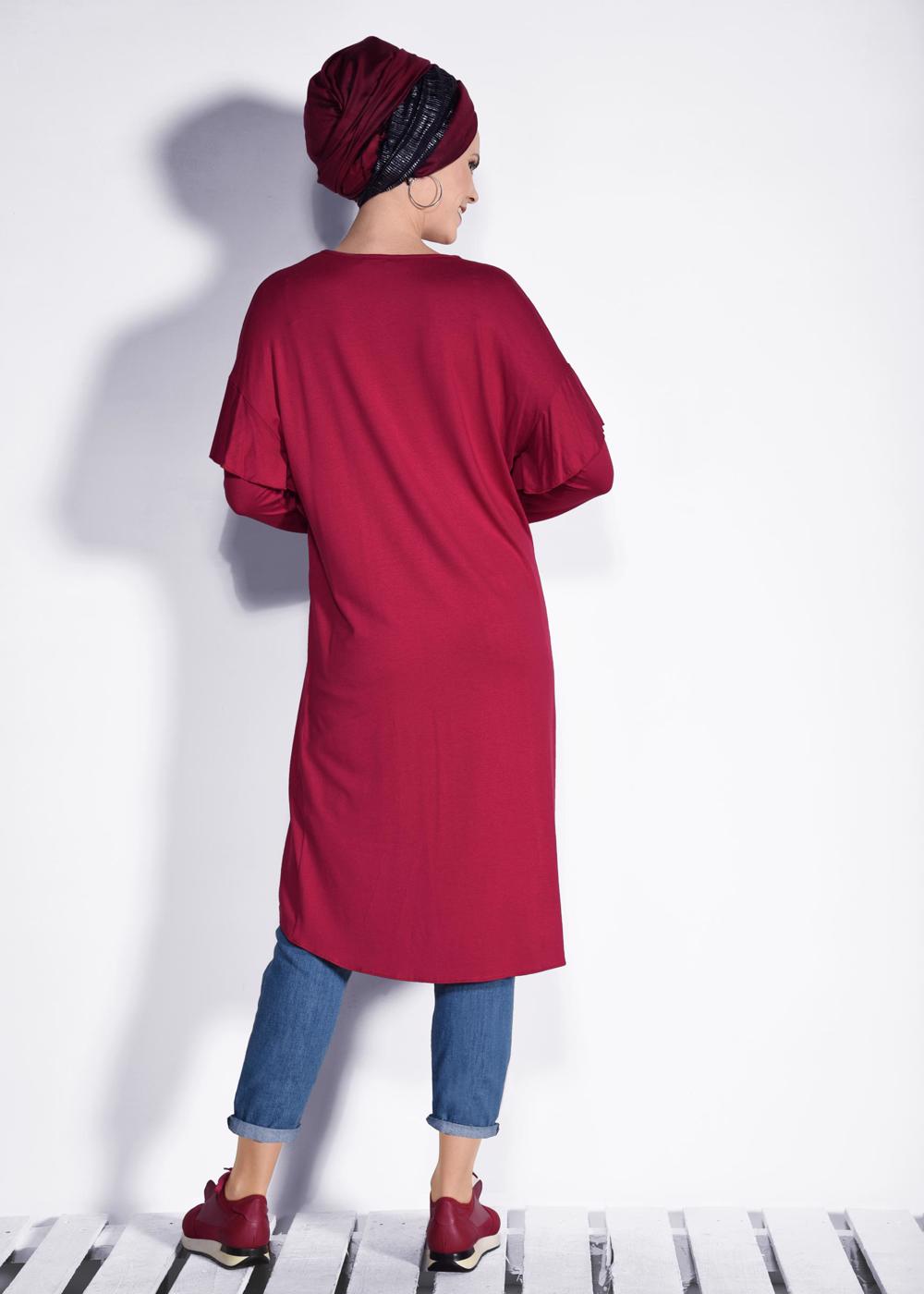 Tesettür giyim KIRMIZI İNCİ VE BONCUK İŞLEMELİ TUNİK 4345 
