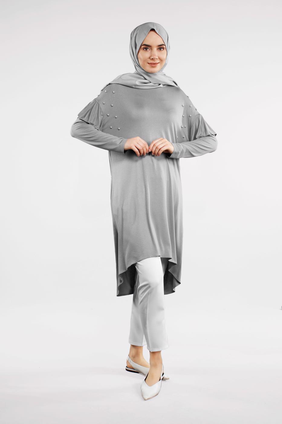 Tesettür giyim GRİ İNCİ VE BONCUK İŞLEMELİ TUNİK 4345 
