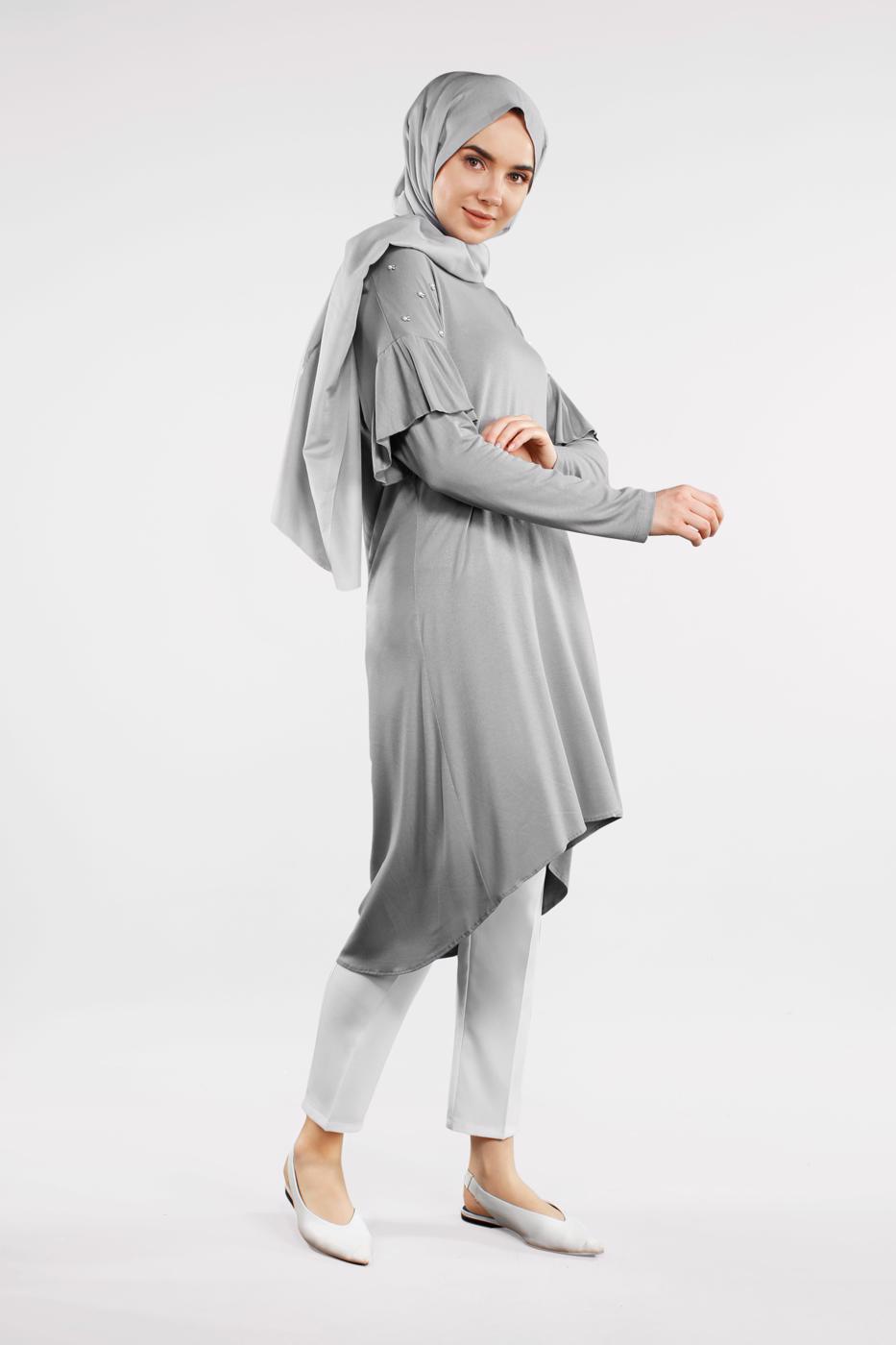 Tesettür giyim GRİ İNCİ VE BONCUK İŞLEMELİ TUNİK 4345 