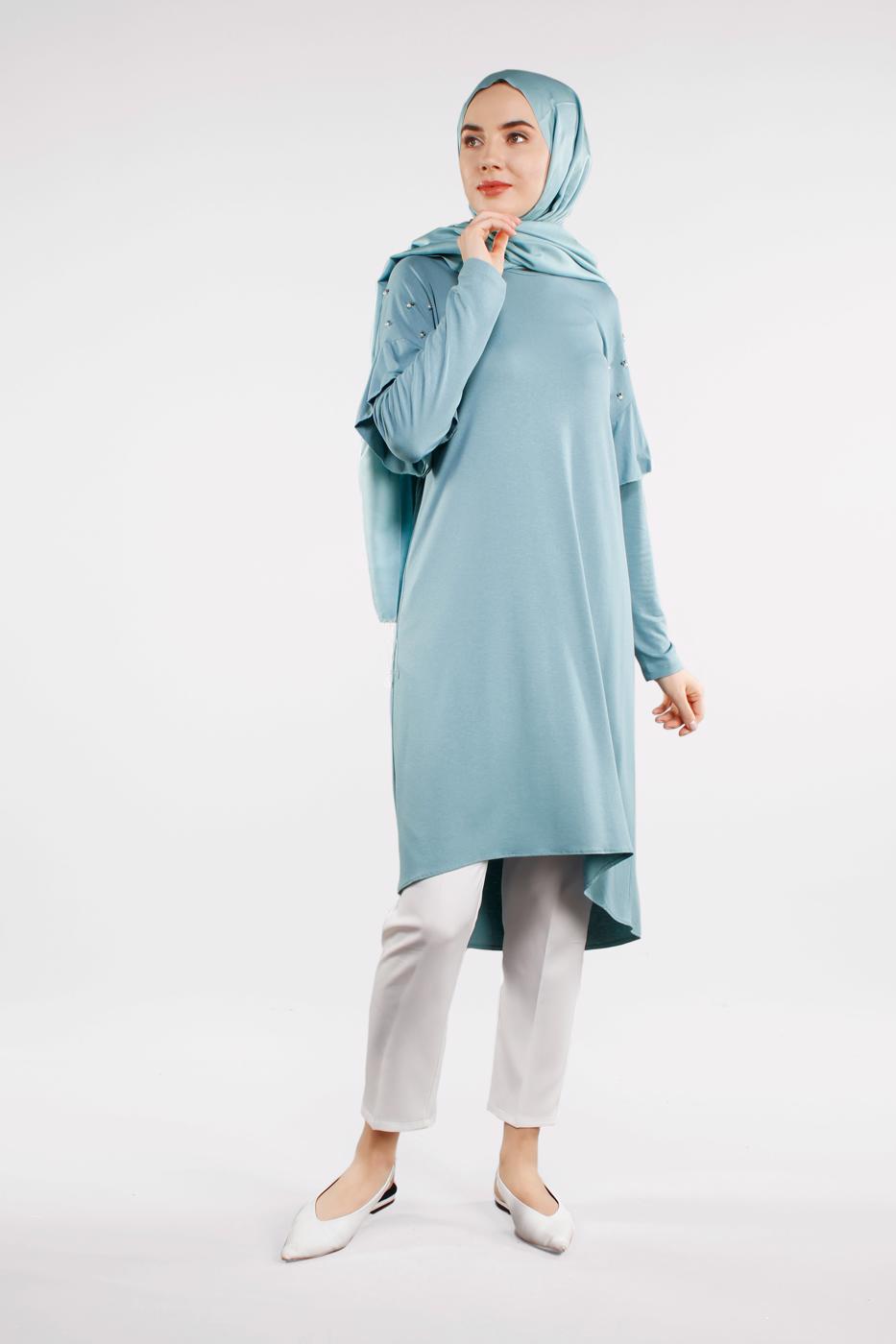 Tesettür giyim MAVİ İNCİ VE BONCUK İŞLEMELİ TUNİK 4345 