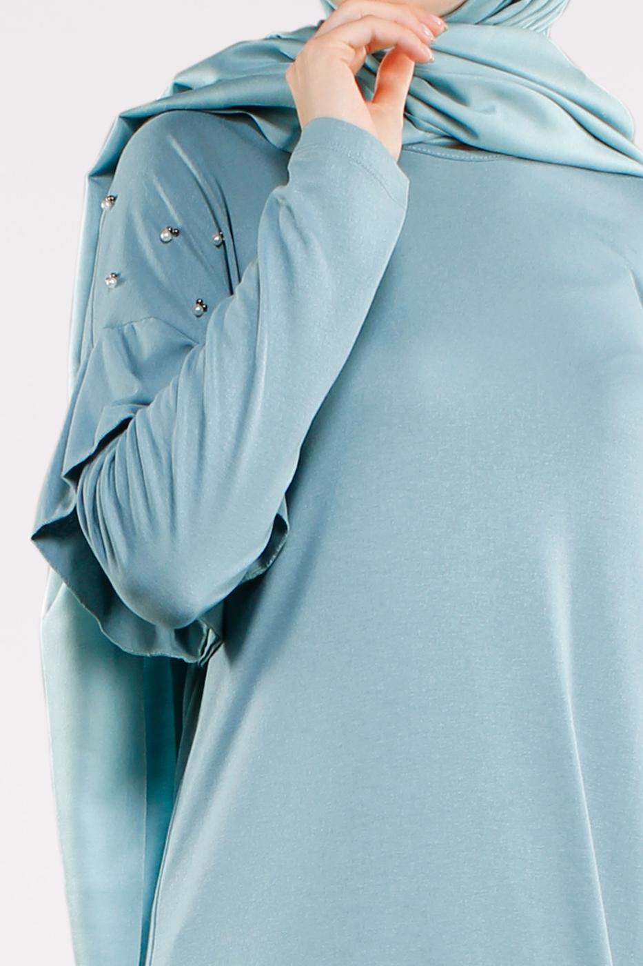 Tesettür giyim MAVİ İNCİ VE BONCUK İŞLEMELİ TUNİK 4345 