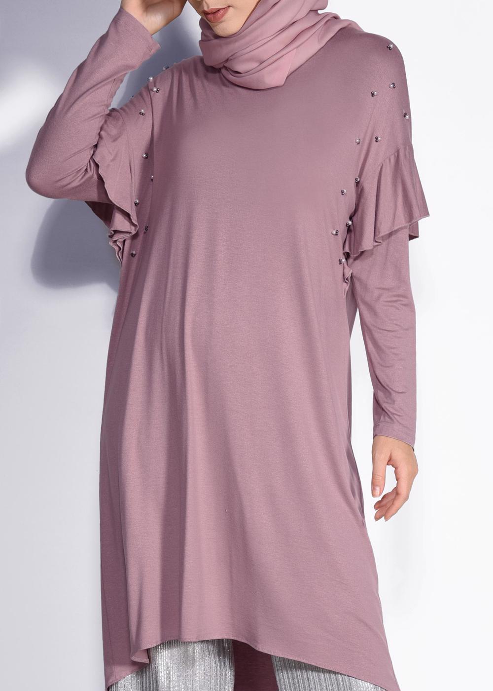 Tesettür giyim PEMBE İNCİ VE BONCUK İŞLEMELİ TUNİK 4345 