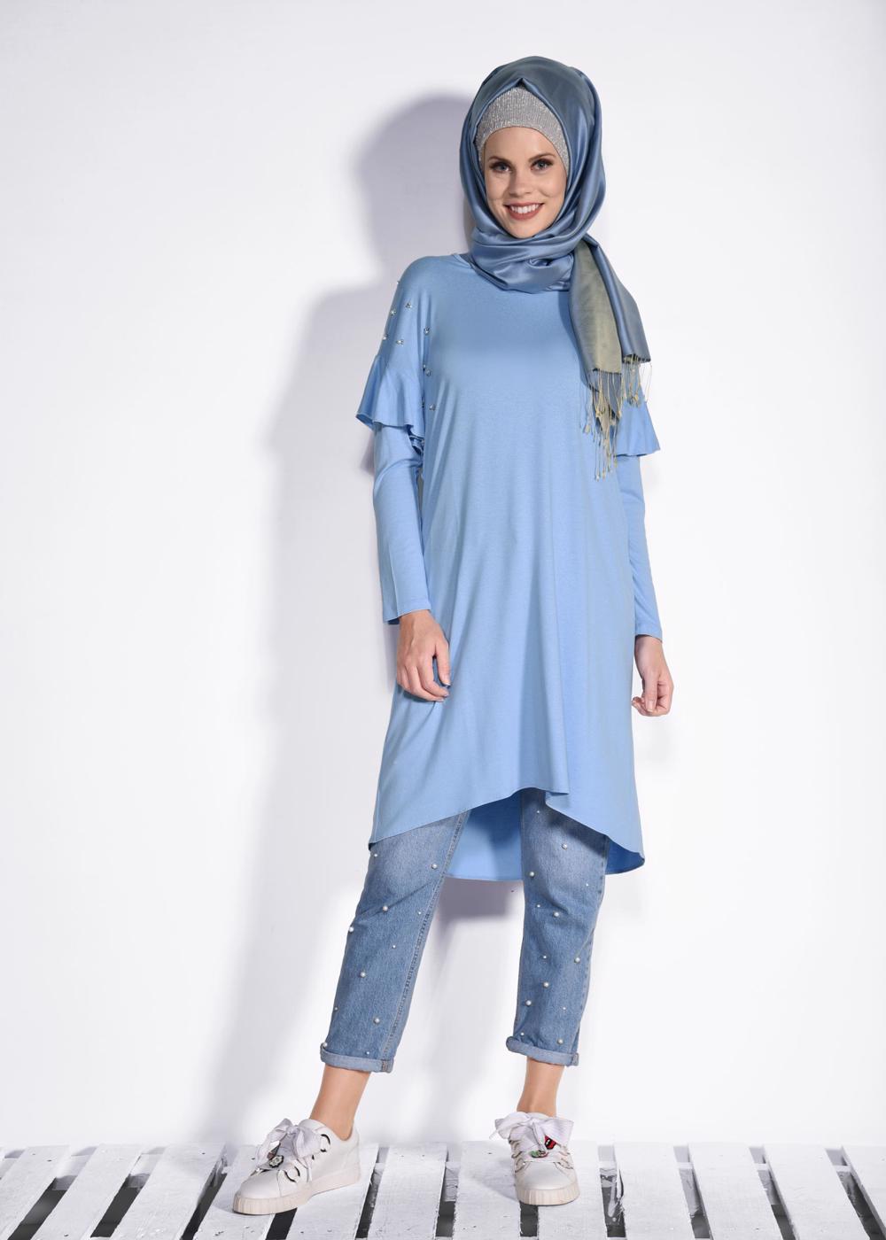 Tesettür giyim MAVİ T 4345 ALVİNA- ÖRME VİSCON TUNİK