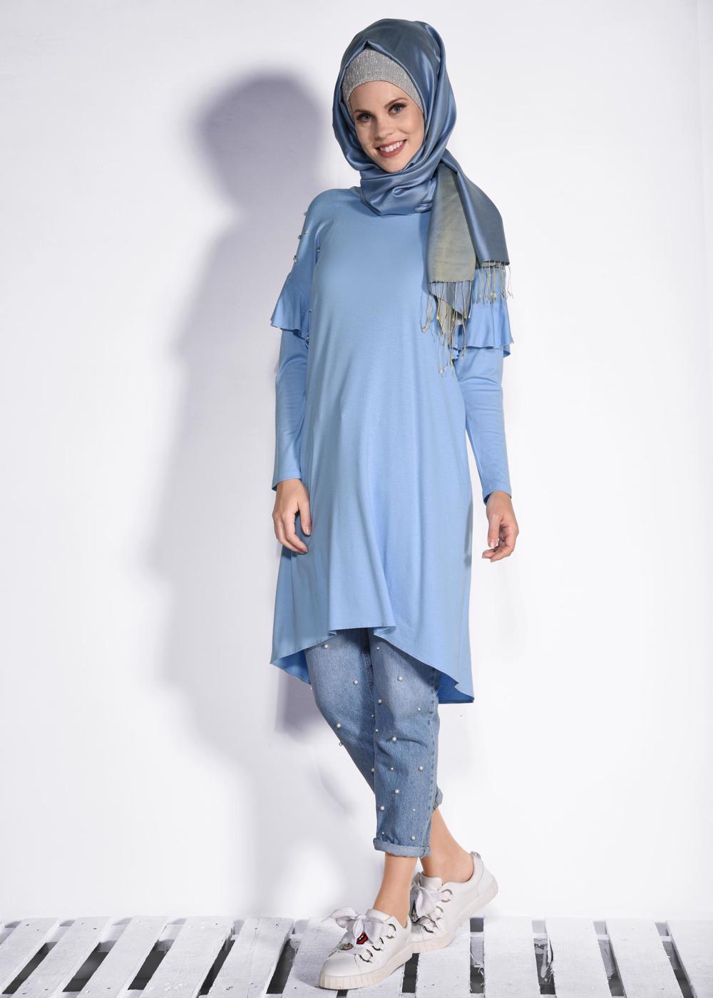 Tesettür giyim MAVİ T 4345 ALVİNA- ÖRME VİSCON TUNİK