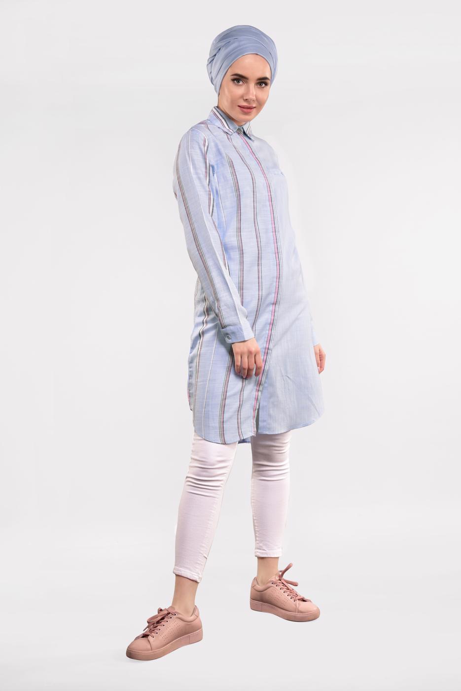 Tesettür giyim MAVİ ÇİZGİ DESENLİ PAMUKLU TUNİK 4473