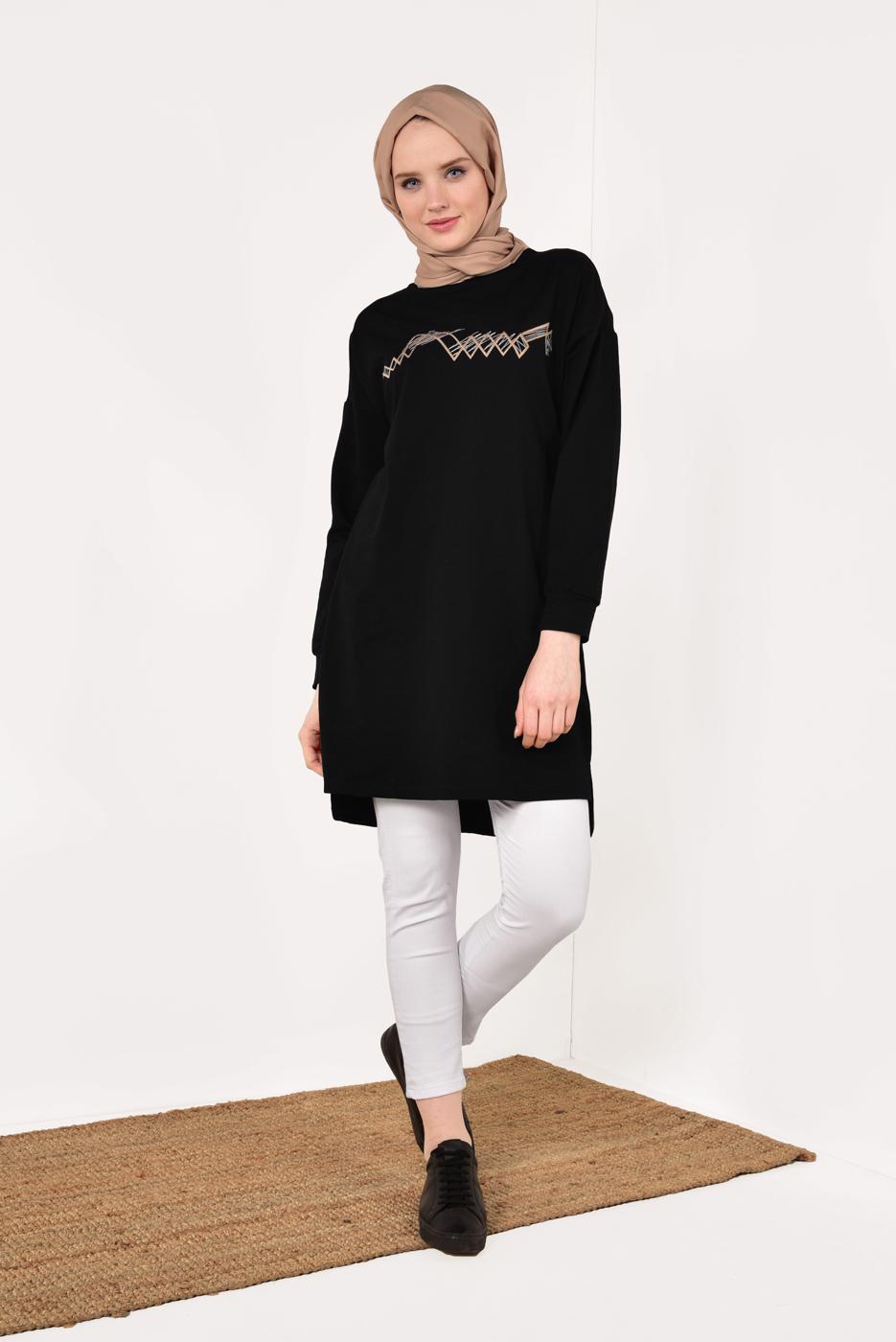Tesettür giyim SİYAH PAMUKLU EŞOFMAN TUNİK 4628